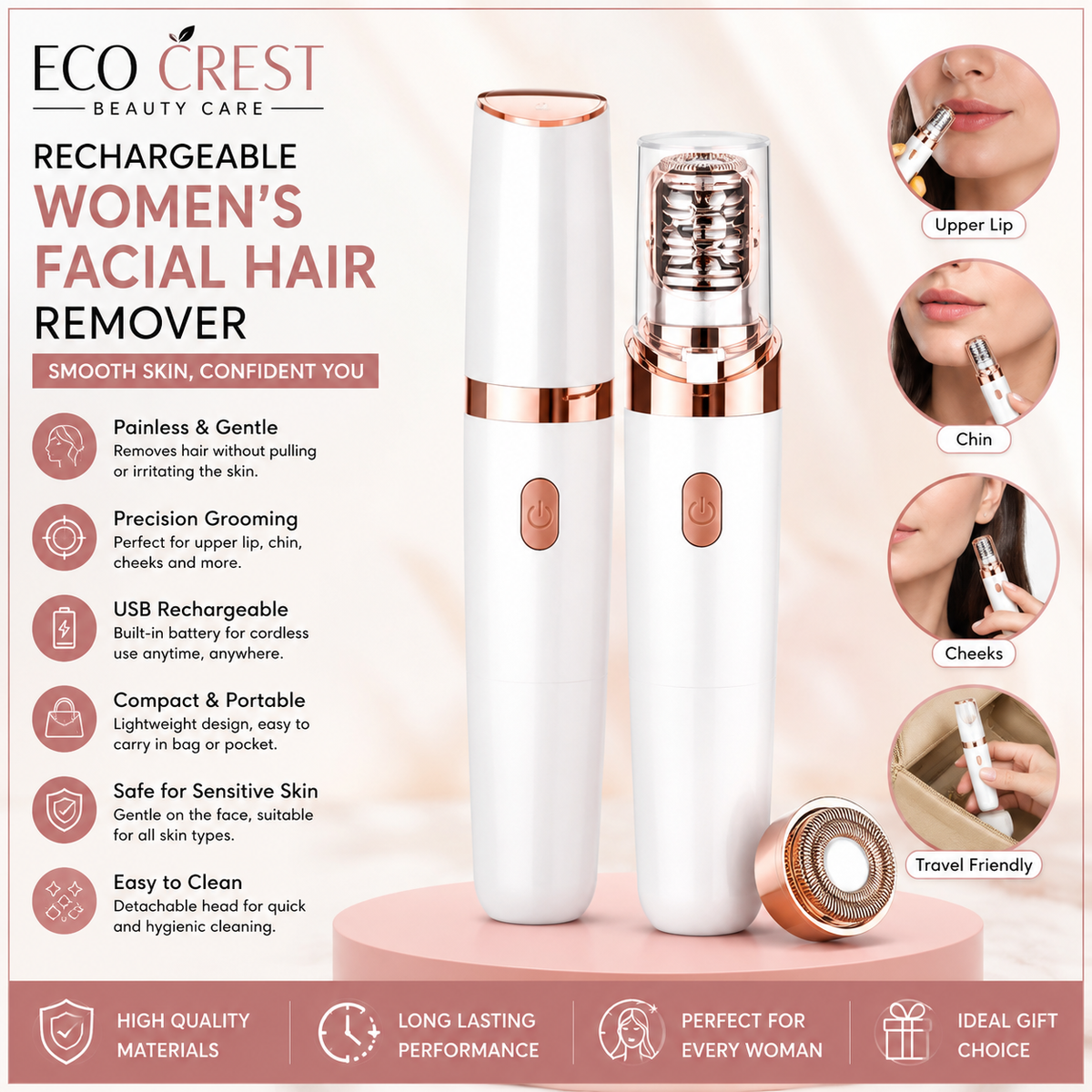 ECO CREST - Rechargeable Women's Facial Hair Remover