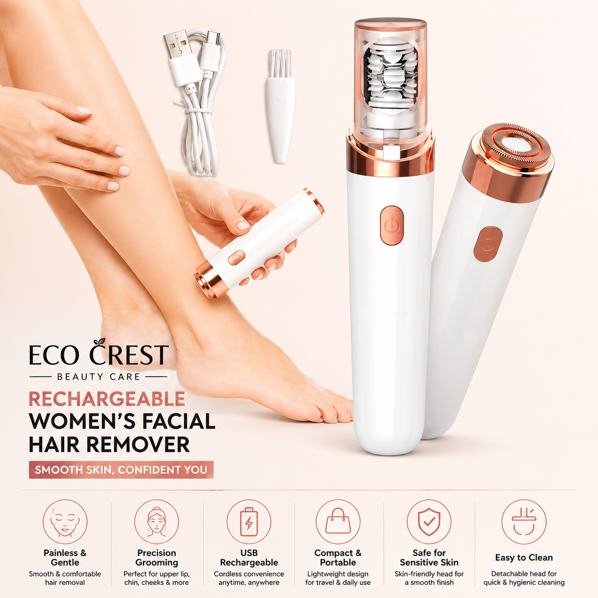 ECO CREST - Rechargeable Women's Facial Hair Remover