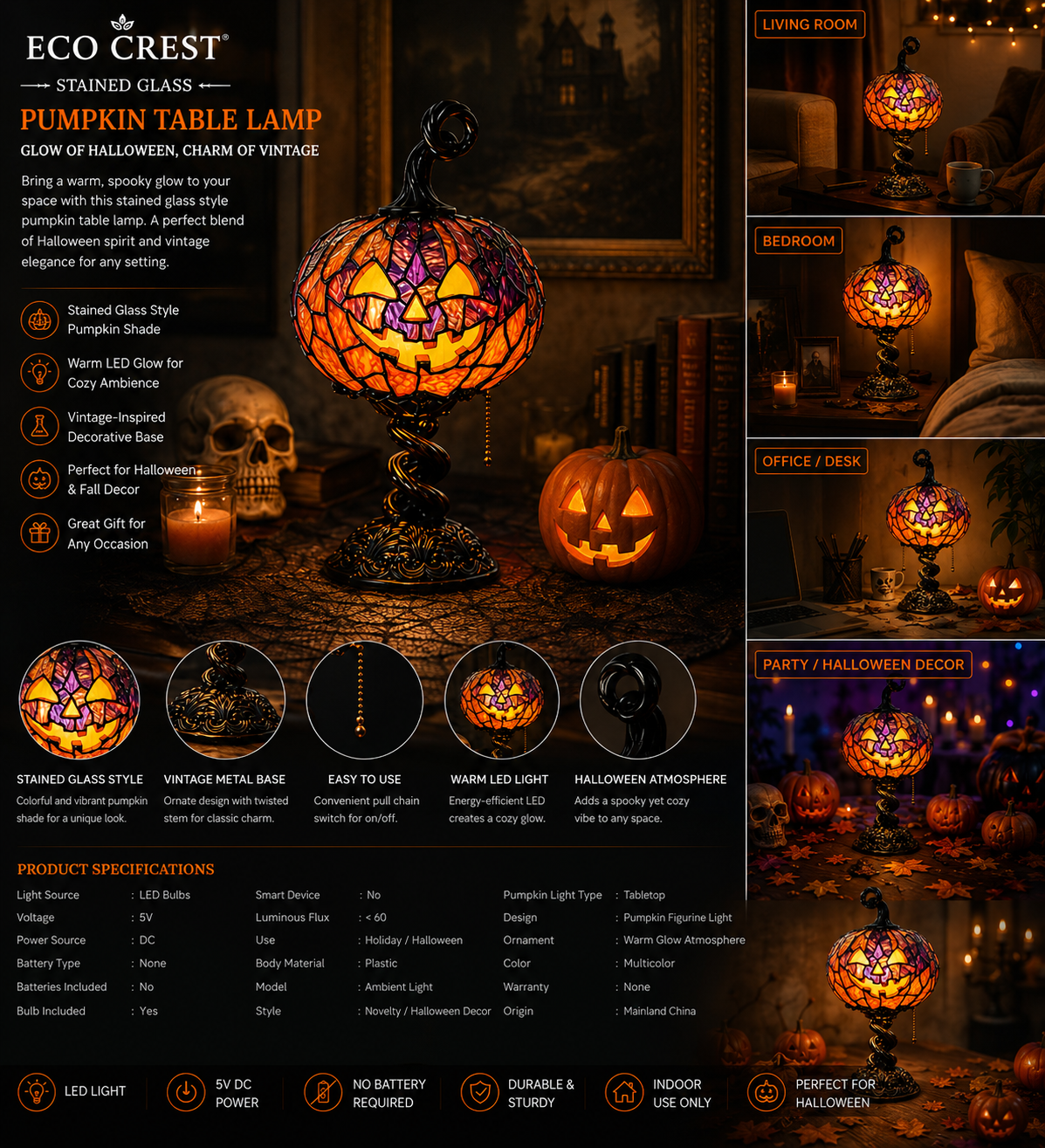 ECO CREST - Stained Glass Pumpkin Table Lamp