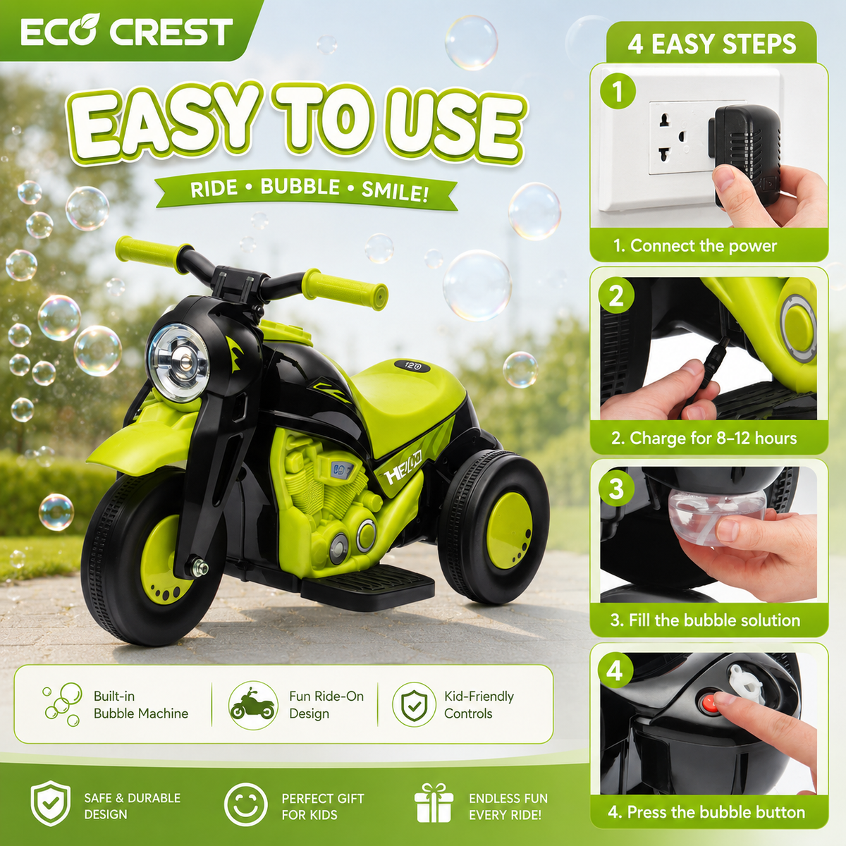 ECO CREST - 6V Kids Electric Ride-On Motorcycle with Bubble Machine